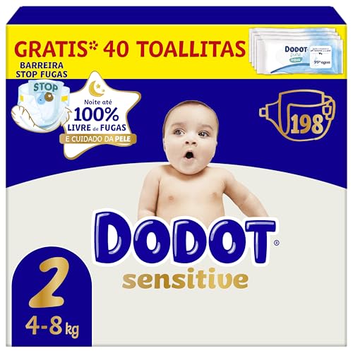 Dodot Pañales Bebé Sensitive Talla 2 (4-8 kg), 198 Pañales + 1 Pack de 40 Toallitas G