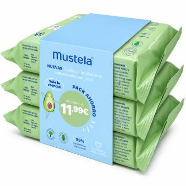 Mustela - Toallitas compostables para bebé 180 uds (3x60), 99% ingredientes naturales
