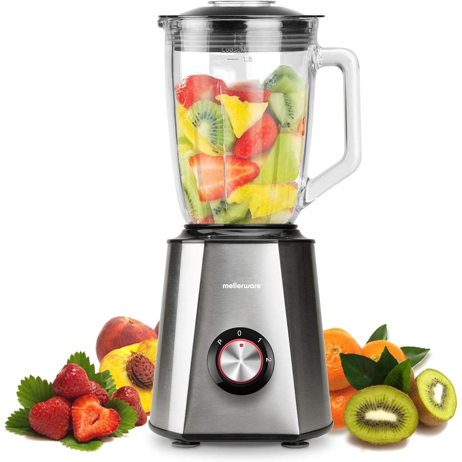 Mellerware Batidora de Vaso 1500W - Jarra Cristal 1.5L, 6 Cuchillas INOX, Picahielos,